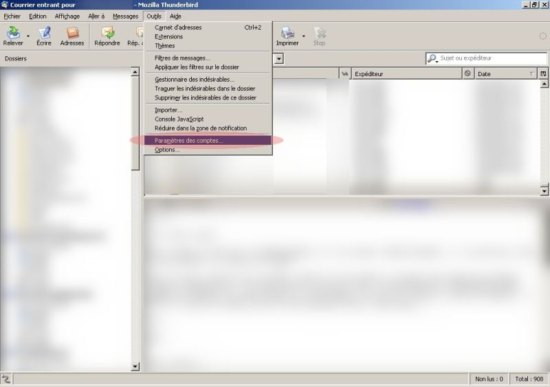 menu param&egrave;tres des comptes